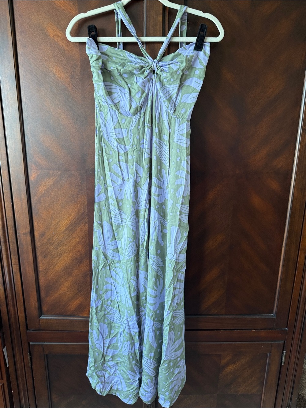 Sleeveless Green & Lavender Floral Maxi Dress with Knot Front